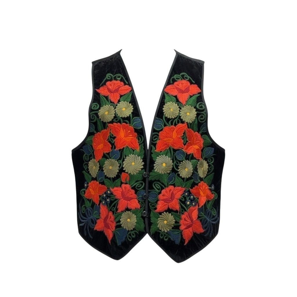 Handmade Womens Black Floral Embroidered Vest Bright Multicolor Design Sz L