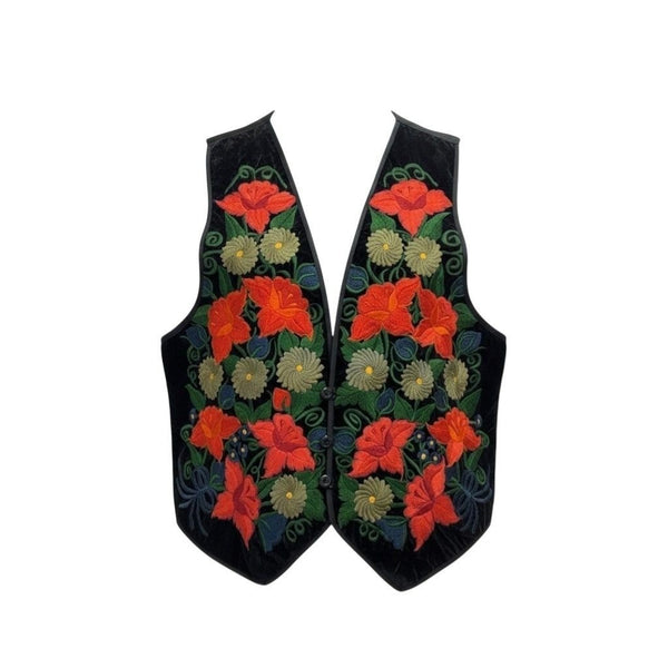 Handmade Womens Black Floral Embroidered Vest Bright Multicolor Design Sz L