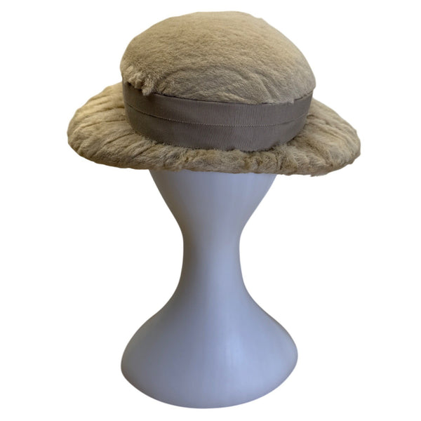 Vintage Beige Faux Fur Womens Hat With Bow Accent & Satin Lining