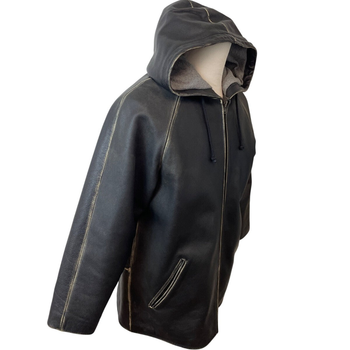 Fitigueso Men's Black Leather Hoodie With Washed Seam Size M
