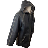 Fitigueso Men's Black Leather Hoodie With Washed Seam Size M