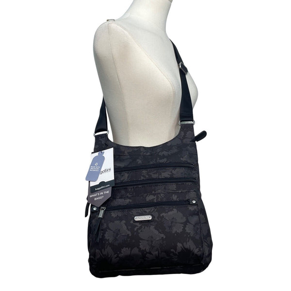 Baggallini Black Floral Design Adjustable Strap Zippered RFID Crossbody Bag Sz M
