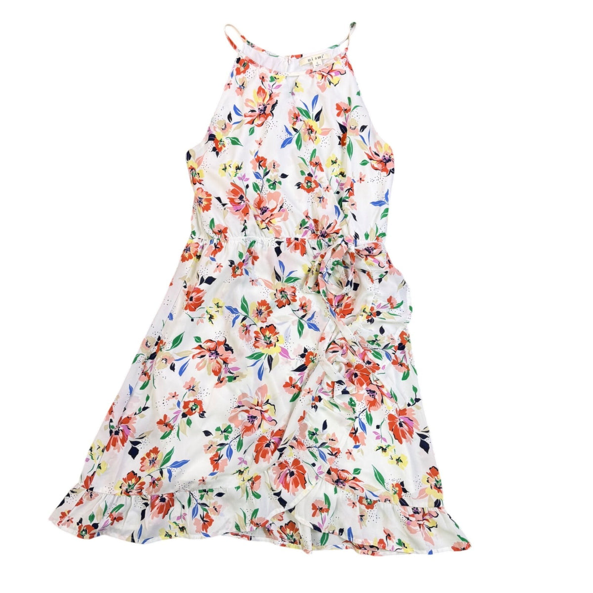 Miami Womens White Floral Halter Dress Summer Casual Ruffle Hem Size L