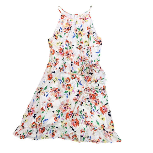 Miami Womens White Floral Halter Dress Summer Casual Ruffle Hem Size L