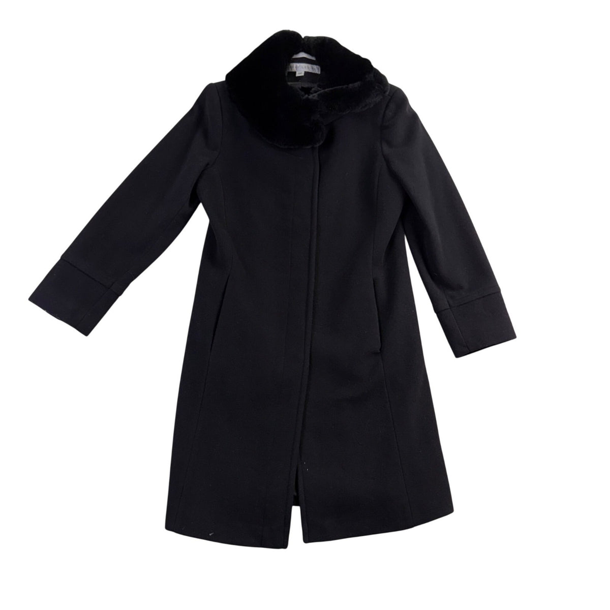 Larry Levine Womens Black Wool Blend Coat With Genuine Rex Rabbit Fur Collar 6P