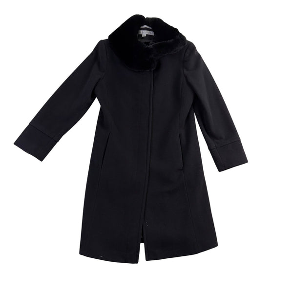 Larry Levine Womens Black Wool Blend Coat With Genuine Rex Rabbit Fur Collar 6P