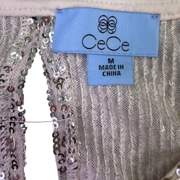 Cece Womens Silver Sequin Top Sleeveless Crew Neck Size M