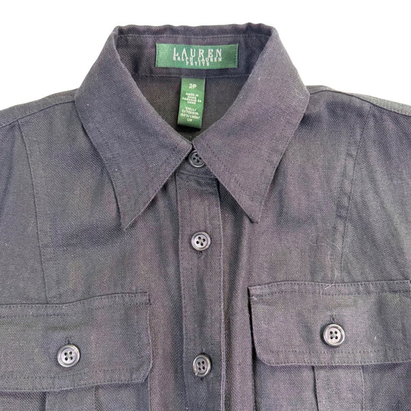 Lauren Ralph Lauren Womens Black Linen Belted Button-Up Pocket Shirt Dress Sz 2P