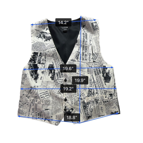 Gouda New York Womens Black & Ivory Newspaper Print Vest Stylish Button Up Sz L