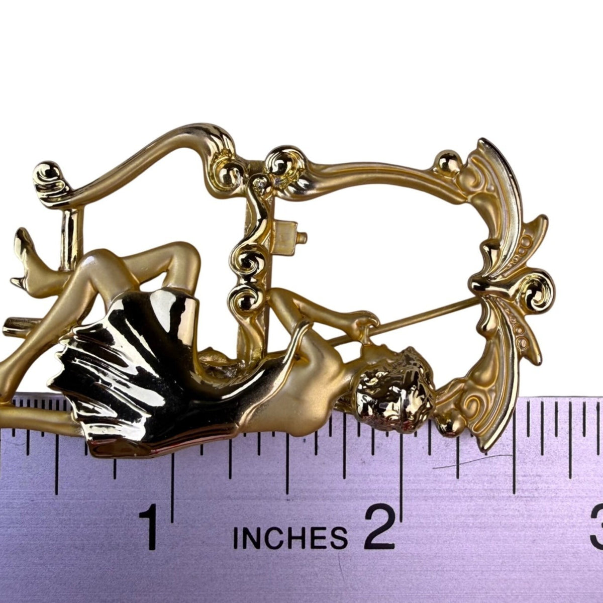 Vintage AJC Gold Tone Woman Vanity Mirror Brooch Signed Ornate Design Jewelry