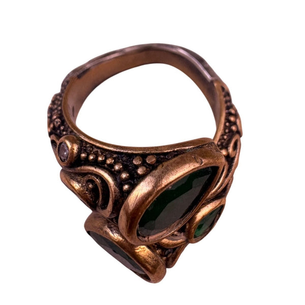 Vintage Ornate Brass Snake Ring With Cabochon Green Stone Accents Size 8 