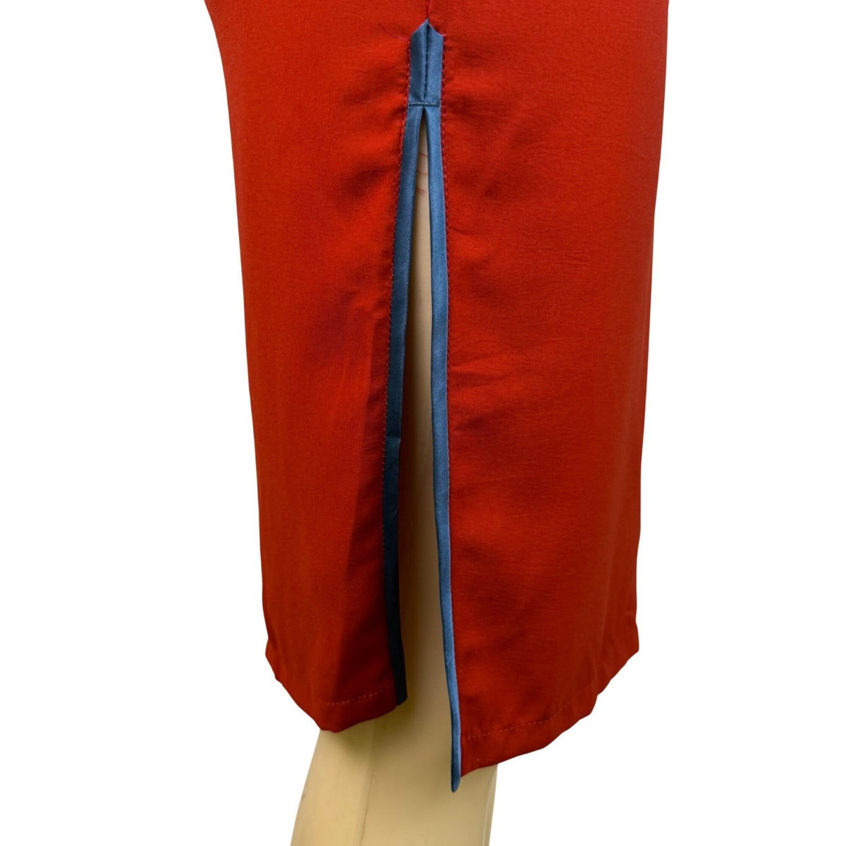 Womens Red Cheongsam Qipao Dress With Blue Trim & Embroidery Elegant Style Sz XL