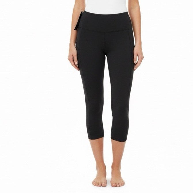 Ododos Womens Black Polyester/Spandex High-Waist Pocket Capri Leggings Size S -