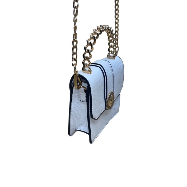 Aldo Women’s White Faux Leather Chain Handle With Gold Lion Detail Crossbody Bag