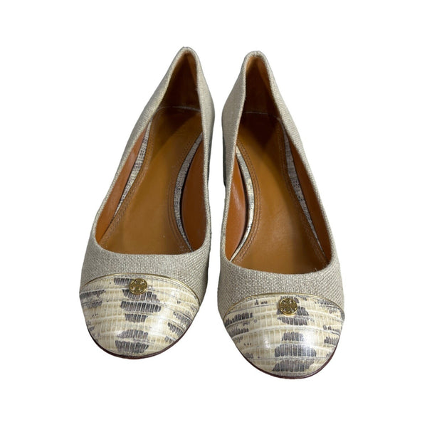 Tory Burch Women’s Natural Gold Tejus Lizard Print Heels Sz 9M -