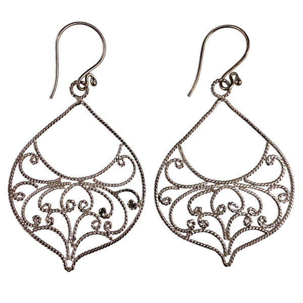 Silver Tone Filigree Women’s Dangle Drop Earrings Delicate Swirl Design Lightwei