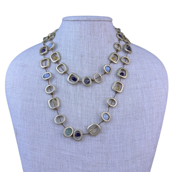 Long Necklace Women Multicolor Natural Stones Metal Design With Earrings