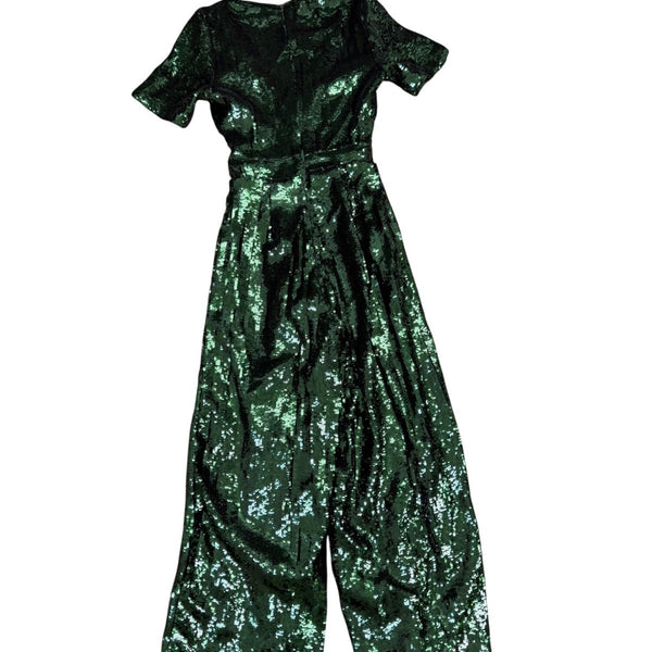 Francescas Womens Green Sequin Jumpsuit Short Sleeve Wide Leg Sz XS