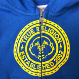 True Religion Baby Hoodie Blue Zip-Up Sweatshirt With Yellow Logo Size 12M- New