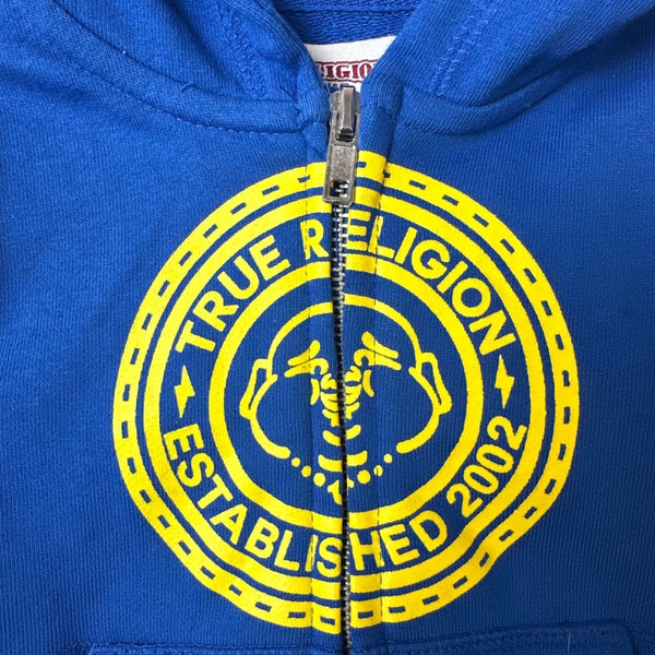 True Religion Baby Hoodie Blue Zip-Up Sweatshirt With Yellow Logo Size 12M- New