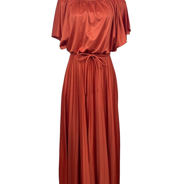 Vintage Style Rust Orange Maxi Dress With Belt & Flutter Sleeves S/M