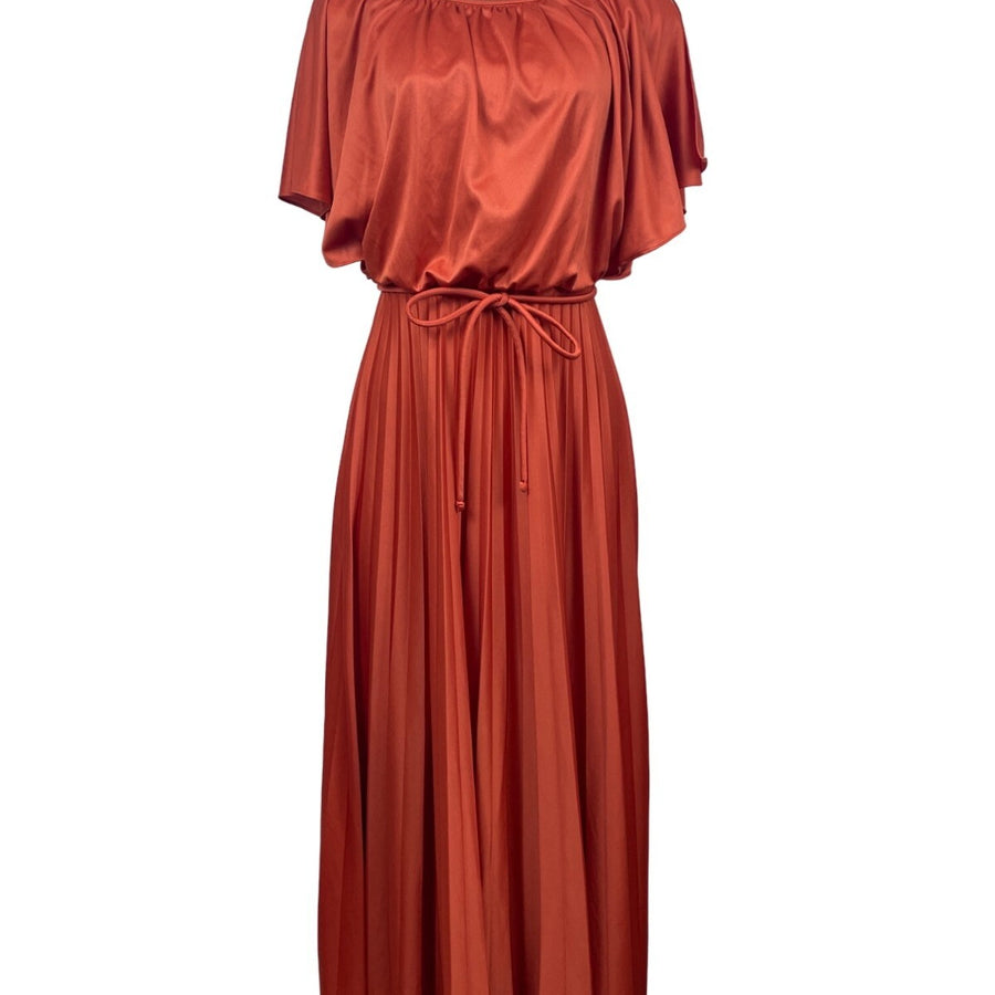 Vintage Style Rust Orange Maxi Dress With Belt & Flutter Sleeves S/M