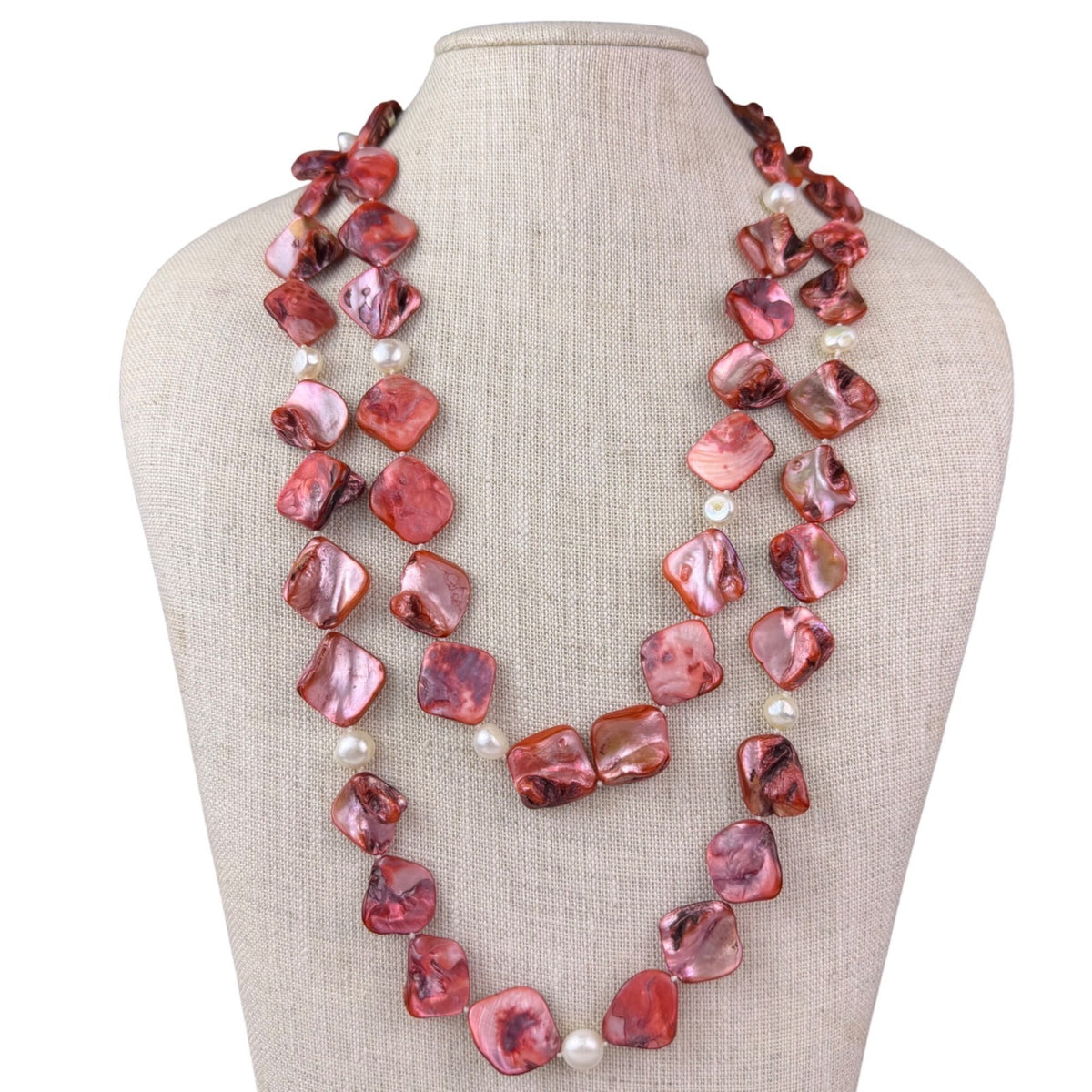 Red Pink Womens Shell & Pearl Long Necklace