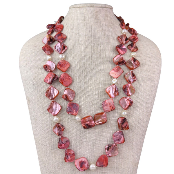 Red Pink Womens Shell & Pearl Long Necklace