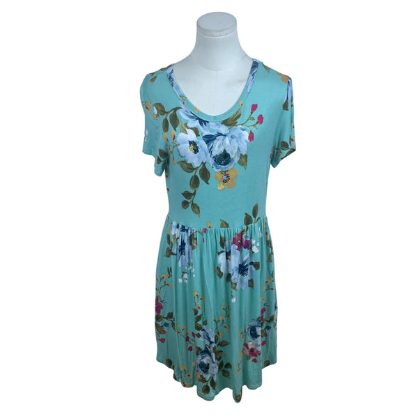 Longyuan Womens Floral Short Sleeve Dress Green Blue Size M - New