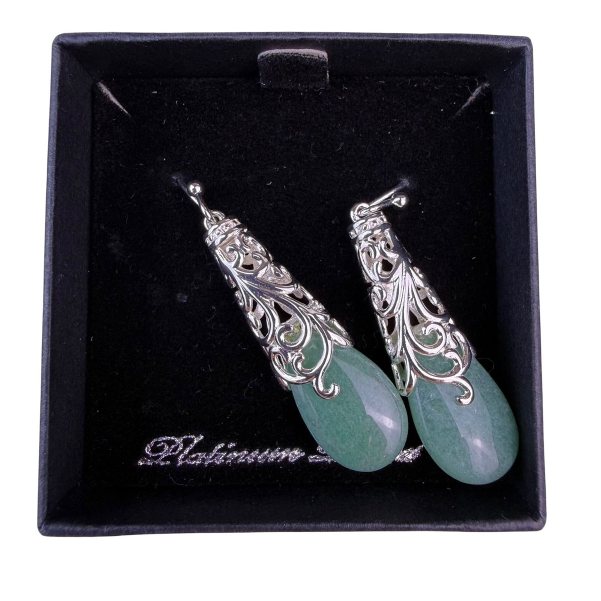 Silver-Tone Womens Green Teardrop Gem Filigree Dangle Earrings Elegant Design
