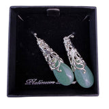 Silver-Tone Womens Green Teardrop Gem Filigree Dangle Earrings Elegant Design