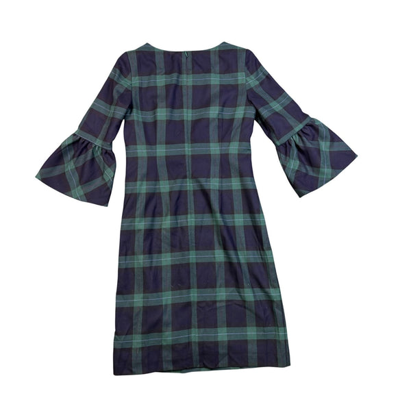 Talbots Womens Navy Green Plaid Wool Polyester Blend Bell Sleeve Dress Size 4