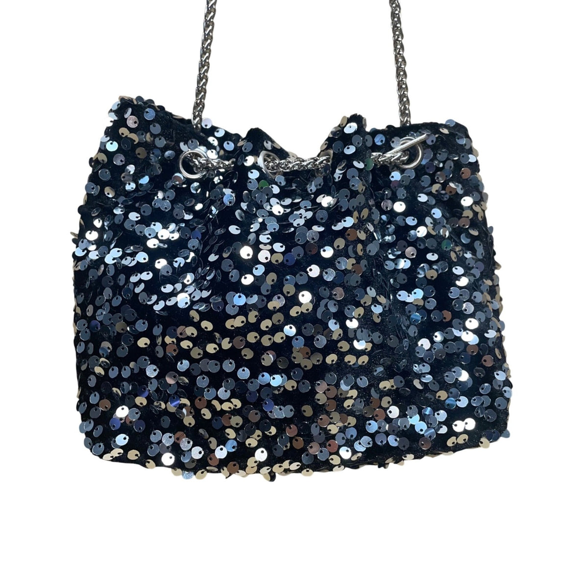 Women’s Black & Silver Sequined With Drawstring Chain Strap Purse