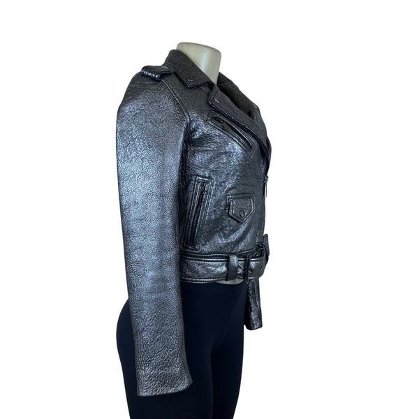 Michael Kors Silver Leather Moto Jacket Belted Zippers Stylish Modern Sz XXS