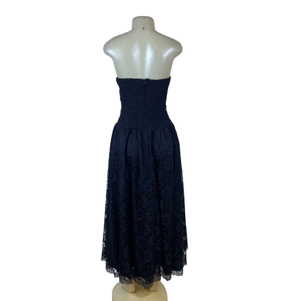 Vintage Strapless Black Lace Womens Midi Dress Elegant Evening Formal Wear