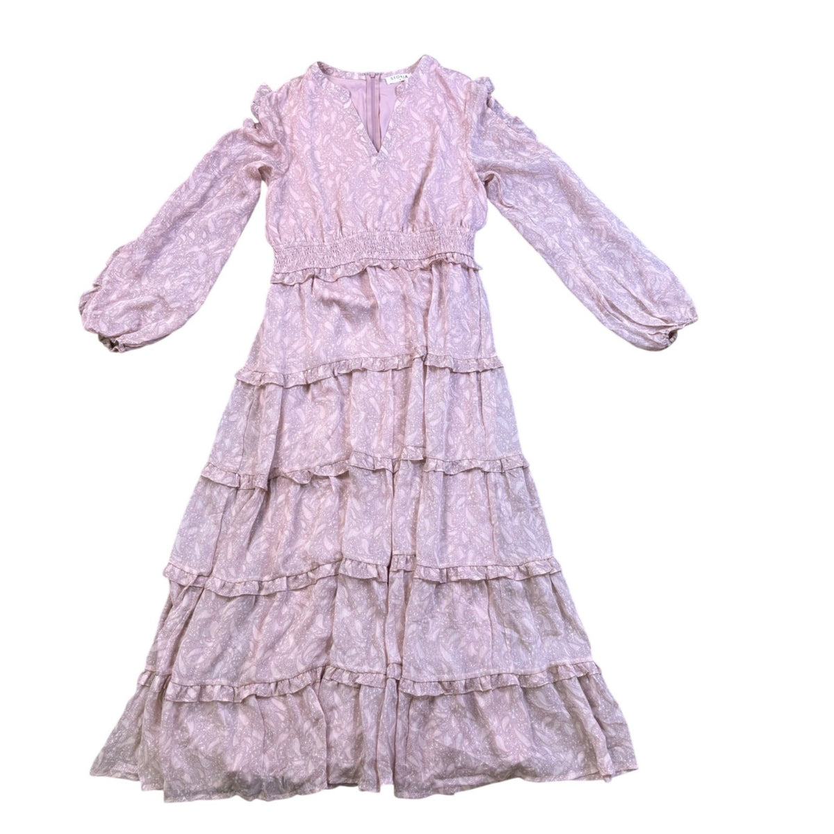 Storia Womens Pink Tiered Maxi Dress W/ Long Sleeves Textured Floral Sz M