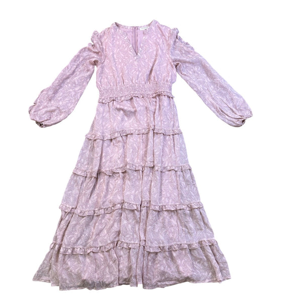 Storia Womens Pink Tiered Maxi Dress W/ Long Sleeves Textured Floral Sz M