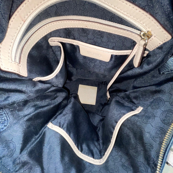 Michael Kors Women’s Black Pebbled Leather Gold Hardware Beige Straps Tote Bag