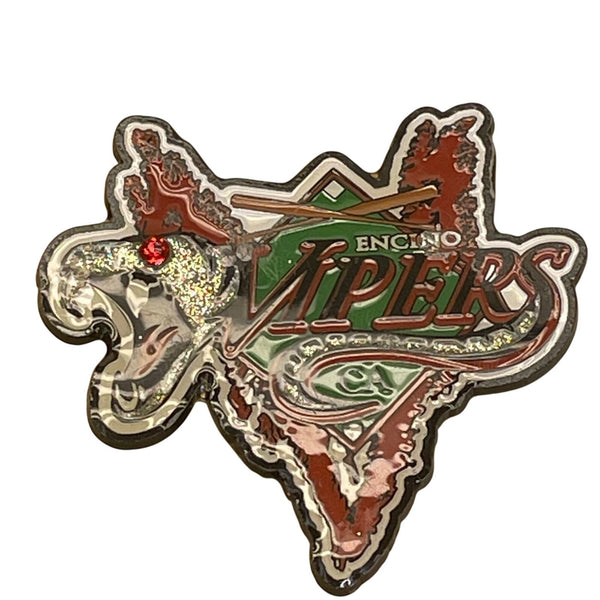 Encino Vipers Enamel Lapel Pin With Sparkling Glitter & Red Gem Detail