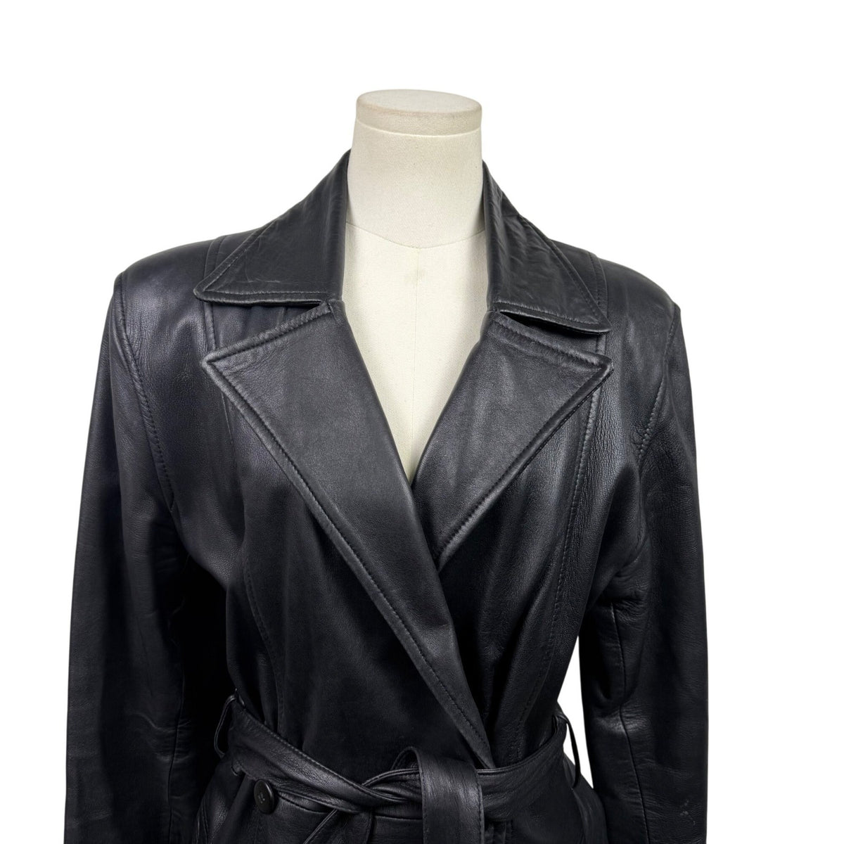 Trucker Women’s Black Leather Jacket Belted Wrap Style Size Medium