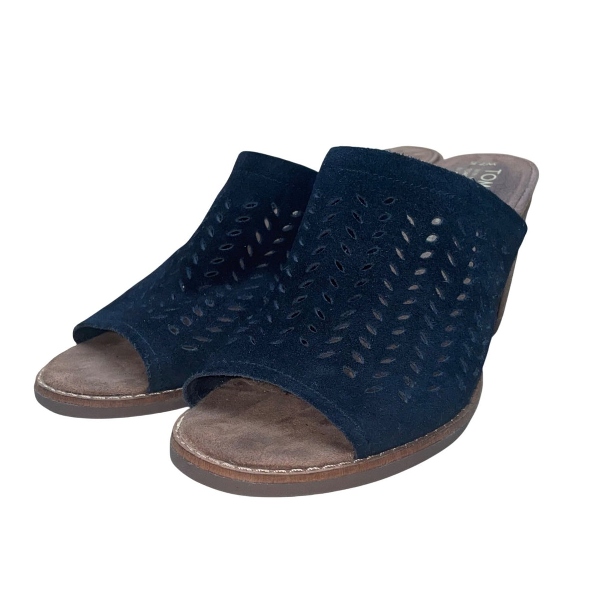 Toms Women’s Black & Brown Suede Laser-Cut Open-Toe Block Heel Sandals Size 7.5