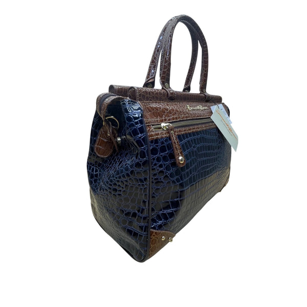 Samantha Brown Women’s Brown & Blue Faux Croc Embossed With Zippered Satchel Bag