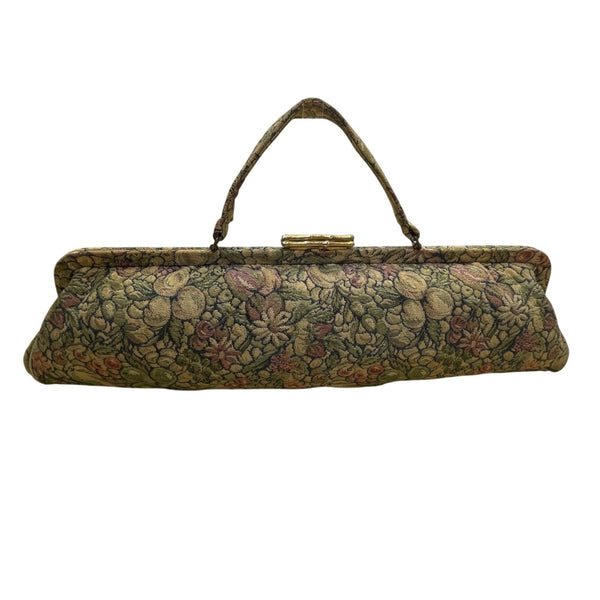 Vintage Women’s Green & Purple Floral Brocade Metal Bamboo Clasp Clutch Bag