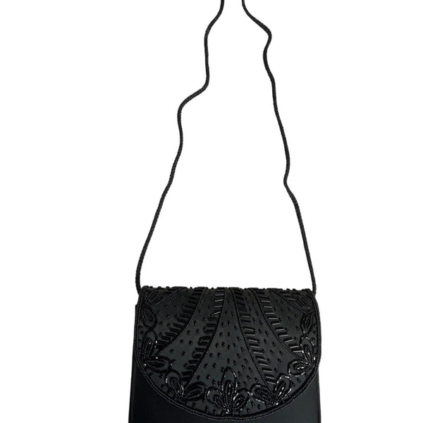 Vintage Women’s Black Flowery Detail Beaded Crossbody Evening Bag