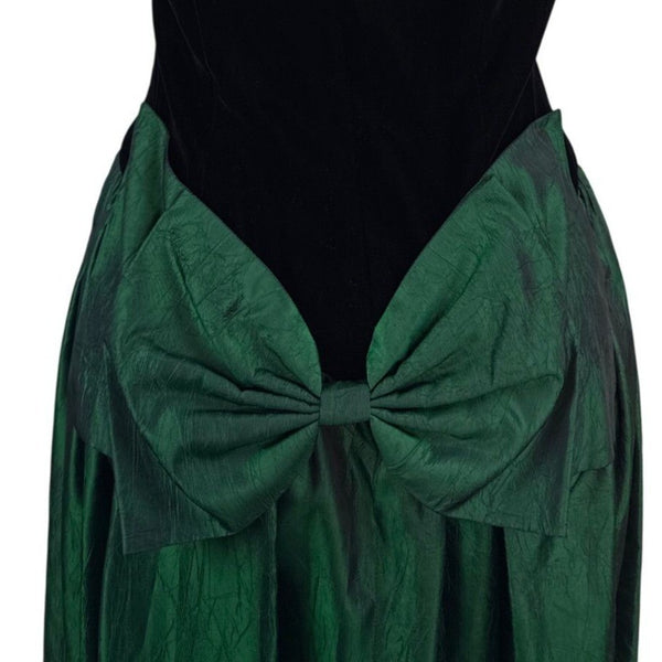Vintage Lloyd Williams Black Velvet & Green Satin Dress With Bow Detail Sz 8