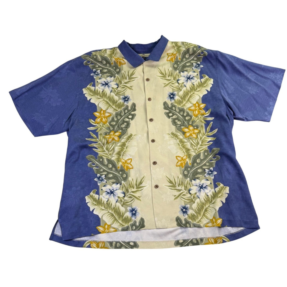 Tommy Bahama Mens Blue Yellow 100% Silk Hawaiian Button-Up Shirt Sz XXL