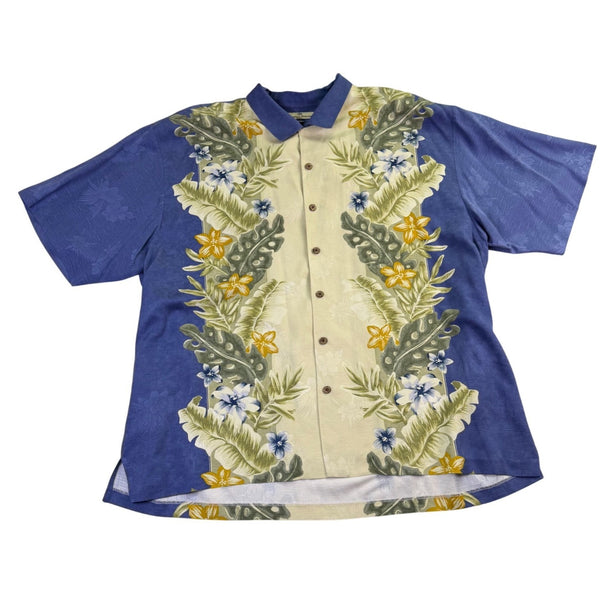 Tommy Bahama Mens Blue Yellow 100% Silk Hawaiian Button-Up Shirt Sz XXL