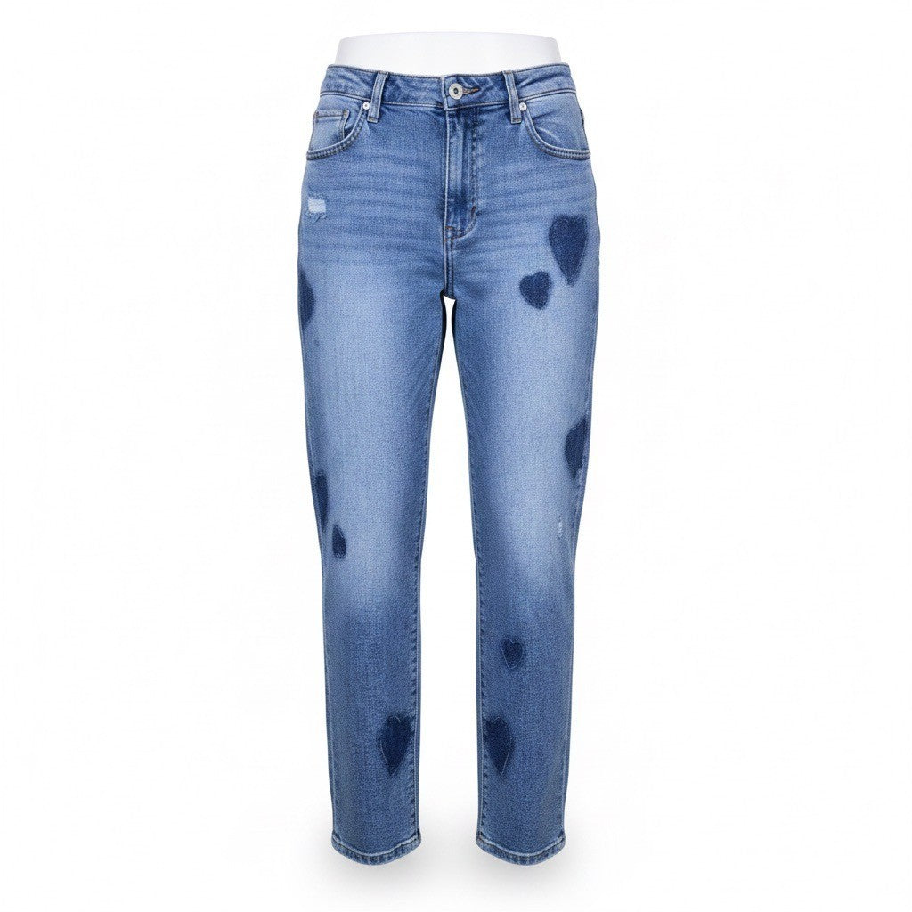 Risen Womens Blue Cotton Heart-Printed Straight-Leg Denim Jeans Size 11
