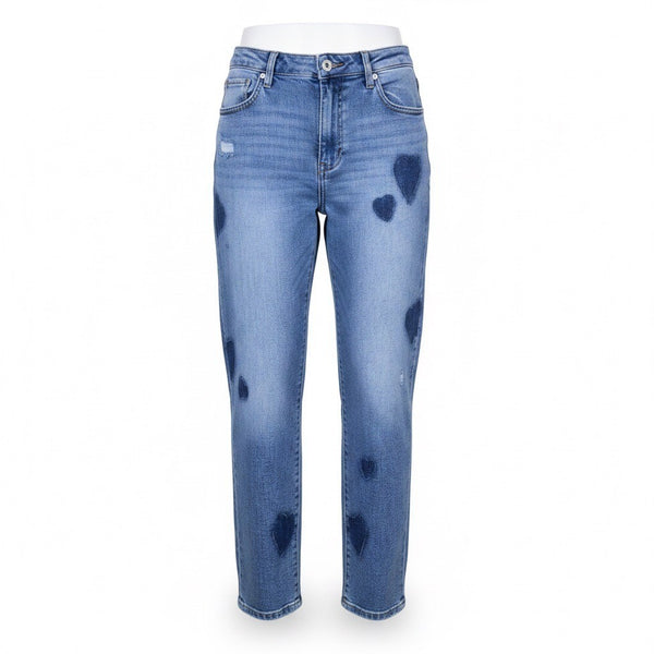 Risen Womens Blue Cotton Heart-Printed Straight-Leg Denim Jeans Size 11