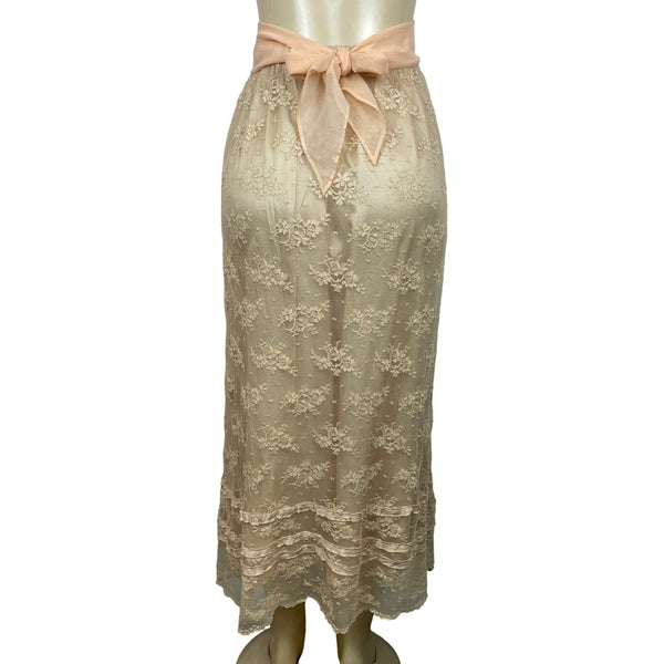 Soft Surroundings Women's Beige With Pink Lace Ribbon Long Skirt Sz M